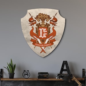 Placa con escudo familiar de madera, escudo de armas personalizado, placa con emblema familiar de madera, escudo de apellido personalizado, decoración heráldica de escudo de madera