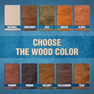 May include: A chart showing 10 different wood colors for furniture. The colors are: Natural, Chestnut, Oak, Beech, Alder, Cherry, Wenge, Walnut, Palisander, and Teak. Choose the wood color.