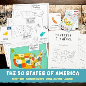 Die 50 Bundesstaaten von Amerika Bundle, druckbare Aktivitätsbuch der Vereinigten Staaten, US-Karten, Montessori-Karten, Geographieunterricht für Kinder, Nachverfolgungsübungen