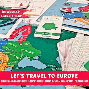 Europa Karte Puzzle, druckbares Lernpaket, Montessori Staaten & Hauptstädte Karteikarten, Geografiestunde für Kinder, Vorschulaktivität, Hausschule