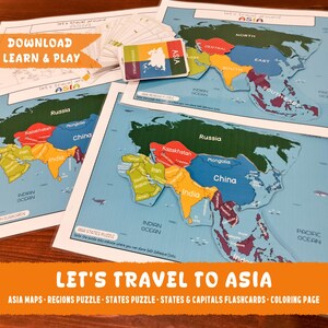Asien Karten Puzzle, druckbare Lernmappe, Kinder Homeschool Arbeitsblätter, Vorschulbildungsaktivitäten, Bundesstaaten und Hauptstädte