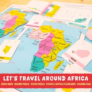 Afrika Lernpaket Montessori Puzzle Karte Afrika Bundesstaaten und Hauptstädte Afrika Erinnerungskarten zum Ausmalen Arbeitsblatt Homeschool Druckbare Aktivität