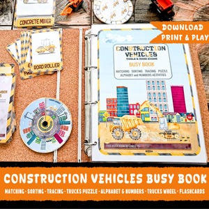 Construction Vehicles Busy Book, Preschool Printable Binder, Toddler Activities, Trucks Flashcards, Montessori Materials, Toddler Worksheets
