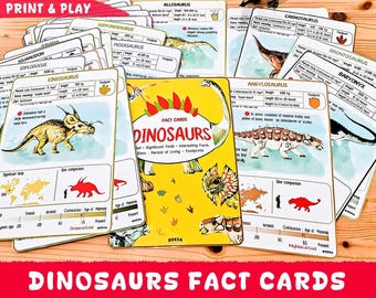 Dinosaurs Fact Cards Printable, Educational Learning Resources, Montessori Materials, Dino Flashcards, Preschool Homeschool, Digital