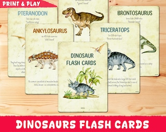 May include: A set of colourful dinosaur flash cards with illustrations and pronunciation guides. The cards feature dinosaurs such as Tyrannosaurus Rex, Triceratops, and Pteranodon. The text on the cards reads "Dinosaur Flash Cards" and "37 Species of Dinosaurs - Realistic Pictures - Pronunciation - Nicknames - Infofacts".