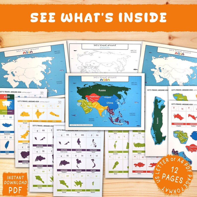 Asia Maps Puzzle: Kids Learning Binder & Flashcards (digital Download ...