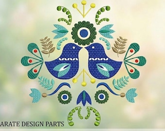 Folk Bird Embroidery Design, Scandinavian Floral Machine Pattern (dst, pes, jef, hus)