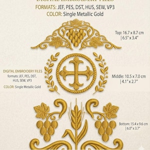 Puede incluir: Archivos de bordado digital en dorado, con diseños de uvas, trigo y una cruz. Formatos: JEF, PES, DST, HUS, SEW, VP3. El diseño superior mide 16,7 x 8,7 cm, el central 10,5 x 7,0 cm y el inferior 15,4 x 9,6 cm.