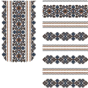 Può includere: Un set di motivi di ricamo con disegni geometrici in tonalità di blu, marrone e bianco. I motivi sono disposti in formato verticale e orizzontale, adatti per progetti di punto croce o altri lavori a maglia.