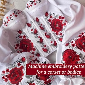 Peut inclure: Corset et corsage blancs avec broderie florale rouge. Le motif présente de grandes roses rouges et de plus petits motifs floraux. Le texte sur l'image indique "Machine embroidery pattern for a corset or bodice."