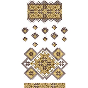 Puede incluir: Un conjunto de patrones bordados en tonos marrón, dorado y blanco. Los diseños incluyen formas geométricas, motivos florales y bordes decorativos, ideales para proyectos textiles o de artesanía. Los patrones se muestran sobre un fondo blanco.
