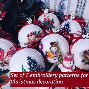 Set of 5 embroidery patterns for Christmas decoration, tree bird bells snowman machine file