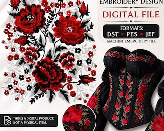 May include: A machine embroidery design digital file featuring a floral pattern with red, black, and white flowers. The image includes text stating MACHINE EMBROIDERY DESIGN, DIGITAL FILE, FORMATS: DST, PES, JEF, and THIS IS A DIGITAL PRODUCT.