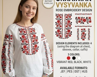 May include: White Vyshyvanka shirt with red rose embroidery. The Ukrainian design features floral patterns on the chest, sleeves, collar, and cuffs. The design is available in JEF, PES, DST, and HUS formats. The design uses vibrant red, black, and white colors.