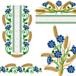 wheat & cornflower embroidery, ukrainian floral design, machine embroidery files set