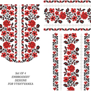 Puede incluir: Conjunto de 4 diseños de bordado para vyshyvanka. Los diseños presentan patrones florales rojos con acentos en blanco y negro. Los diseños incluyen un escote, bordes y patrones verticales, todos con un estilo de arte popular tradicional.