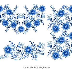 Puede incluir: Diseños florales bordados en tonos azules sobre fondo blanco. La imagen presenta varios arreglos de flores y hojas, con el texto "2 sizes, JEF, PES, DST formats" en la parte inferior.