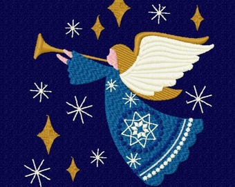 Diseño de bordado a máquina de ángel tocando la trompeta, archivo de bordado de ángel, descarga instantánea