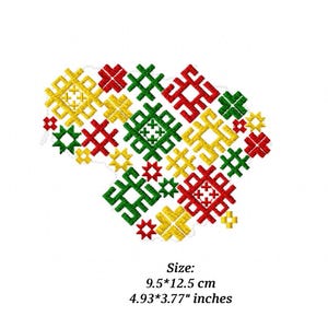 May include: Embroidered patch in the shape of Lithuania, featuring a pattern in red, green, and yellow. The patch measures 4.93 x 3.77 inches. The design is a geometric representation of the country's outline.