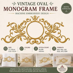 Può includere: Un disegno per ricamo a macchina color oro con una cornice ovale vintage per monogrammi decorata con volute di foglie. Il file digitale indica una dimensione di 11 x 26 cm, 1 colore, 26.298 punti e formati DST, PES, JEF, HUS, VP3 e SEW.