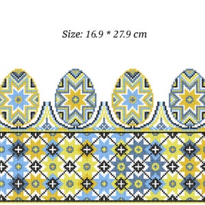 May include: A cross-stitch pattern featuring four yellow, blue, and white eggs with a geometric design. The eggs are arranged in a row with a border of yellow, blue, and white squares. The pattern is 16.9 cm by 27.9 cm.