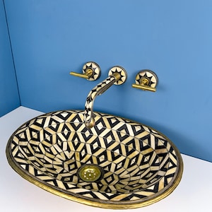 Unlacquered Brass Wall Faucet Studded with Bone and Resin, Handmade Brass Wall Faucet, Wall Mount Resin Bones Conception Bathroom Faucets
