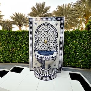 Blue and White Moroccan Fountain, Mosaic Fountain, Outdoor Fountain, Wall Fountain, Garden Fountain, Terrace Decor, Indoor Mosaic Fountain