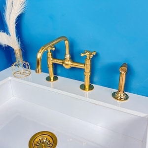 Antique Brass Bridge Faucet, Unlacquered Solid Brass Kitchen Mixer, Handcrafted Kitchen Bridge Faucet with double handles, Bridge Faucet.