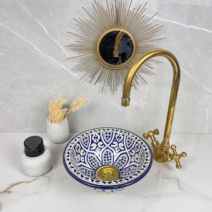Hand-Painted Mandala Blue Ceramic Sink, Blue Bathroom Basin, Bathroom sink, Hand Painted Sink, Moroccan Handmade Wash Basin vessel sink