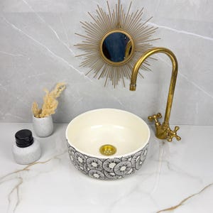 Zlew ceramiczny wykonany na zamówienie, ręcznie wykonany, żywy ceramiczny zlew nablatowy - odważny abstrakcyjny wzór kwiatowy - umywalka łazienkowa artystyczna na blat