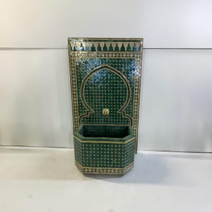 Handmade Green Moroccan Mosaic Garden Fountain - Outdoor Water Feature - Zellige Tiles Fountain - Modern Decorative Waterfall