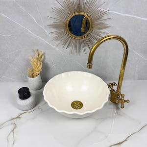 White Ceramic vessel Sink with Wave Rim, Moroccan White Ceramic Vessel Basin for Bathroom, Mid Century Modern Countertop Decor, Vessel Sink