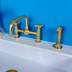 Brass Bridge Faucet With Short Legs, Unlacquered Solid Brass Kitchen Mixer, Handcrafted Kitchen Bridge Faucet with double handles & Sprayer