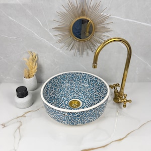 Modern Bathroom Blue Vessel Sink Above Countertop Basin -Blue Ceramic Vessel Sink - Handmade Basin Sink for Bathroom Decor - Pottery Basin