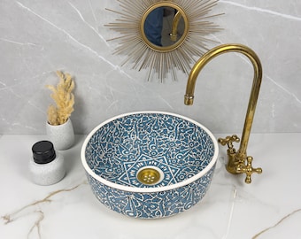 Handgemaakte Marokkaanse wastafel: blauw keramiek bovenbouw wastafel