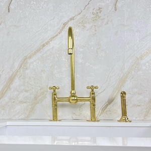 Handcrafted Brass Kitchen Faucet double handles Deck Mount with Brass Sprayer, Solid Brass Kitchen Bridge Faucet with Brass Side Sprayer