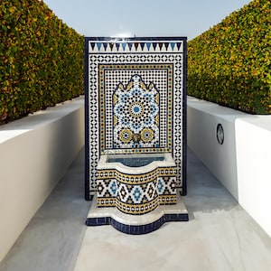 Modern Mid Century Fountain for Yard Decor - Water Fountain - Outdoor Water Feature - Moroccan Mosaic Fountain - Floor Patio Fountain.
