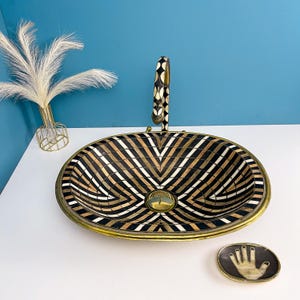 Oval Brass Resin Vanity Vessel Sink, Handmade Brass Drop-in Sink Studded with Wood and Resin, Luxury Sink with Resin And Brass.