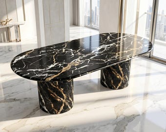 Black Onyx Luxury Oval Marble Dining Table | Handcrafted Natural Stone | 13 Stone Variations