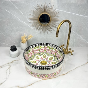 Bathroom Ceramic Flower Basin, Kitchen Vessel Sink, Countertop Floral Basin, Colorful Moroccan sink, Custom Made Ceramic Sink, Mandala Sinks