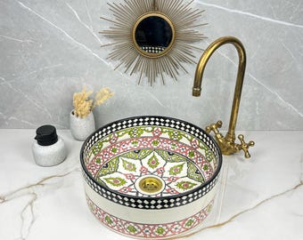 Keramische wastafel: Marokkaans bloemdessin - handgemaakte wastafel