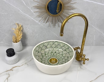 Wastafel badkamerschip: groene visschubbenkeramiek - handgemaakte, ambachtelijke wastafel