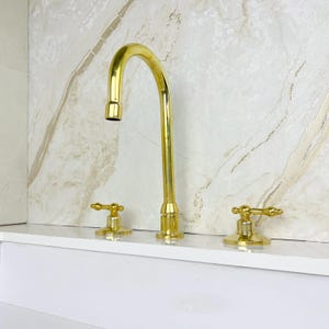 Antique Brass Bathroom Faucet, Widespread Bathroom Brass Faucet Sink, Unlacquered Brass Deck Mounted Faucet ,Brass Sink Faucet with Handles