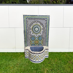 Handmade Moroccan Mosaic Garden Fountain - Outdoor Water Feature - Zellige Tiles Fountain - Modern Decorative Waterfall - Patio Fountain.