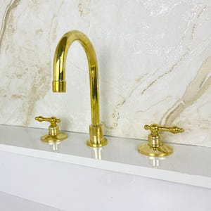 Moroccan Brass Sink Faucet with Handles, Antique Brass Bathroom Faucet, Widespread Bathroom Brass Faucet Sink, Brass Deck Mounted Faucet.