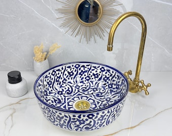 Lavabo de cerámica azul, lavabo artístico hecho a mano (varios tamaños)