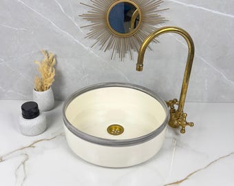 Wastafel badkamerschip: handgemaakt keramiek met grijze rand - artistiek ontwerp