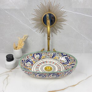 Vibrant Hand-Painted Ceramic Oval Vessel Sink, Artisan Bathroom Basin with Bold Abstract Design, Unique Countertop or Vanity Statement Piece