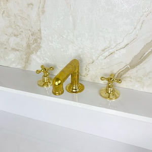 Widespread Bathroom Faucet With Cross Handles, Sink Faucet, Antique Brass Vanity 3 Hole Faucet, Solid Brass Deck Mounted Bathroom Faucet