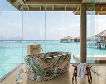 Luxe handgemaakte marmeren vrijstaande badkuip aangepaste maten | Uniek natuurstenen ligbad